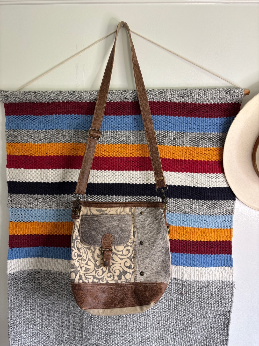 Myra Bag Brown Patchwork Crossbody with Hair-On-Hide Accents